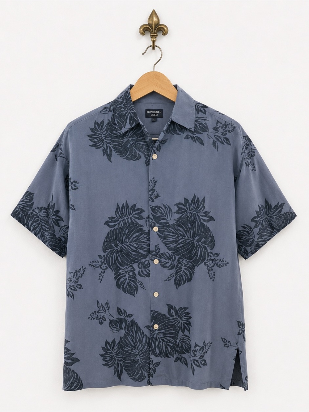 Honolulu Gray Black Tropical Resort Silk Luau Cruise Wear Shirt L